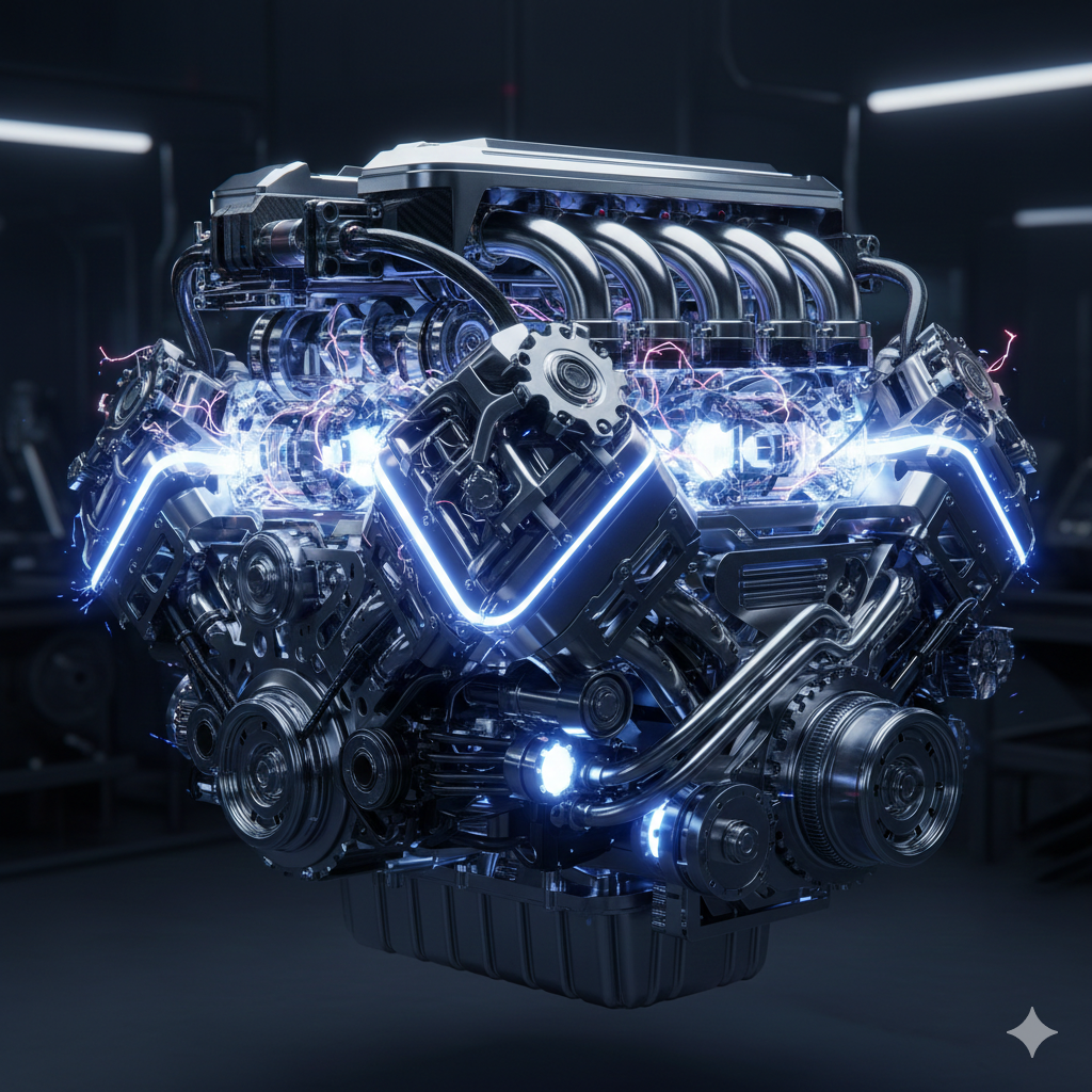 Close up macro photography of a glowing futuristic V8 engine block, complex mechanics, metallic textures, sparks, studio lighting, no human, no woman